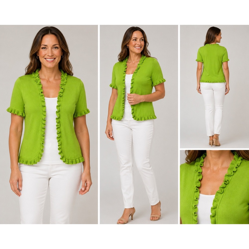 Karin Stevens Womens XL Lime Green Ruffle Trim Short Sleeve Cotton Cardigan 1450